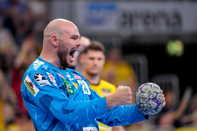 Mike Jensen (Torwart, RNL, 20), Spieler der Rhein-Neckar-Löwen, Einzelbild, Einzelfoto, Aktion, Action, Jubel, jubeln, jubelt, celebration, Freude, freuen, freut sich, zuversichtlich, optimistisch, positiv, Spielszene, 24.05.2026, Mannheim (Deutschland), Handball, Bundesliga, Rhein-Neckar Löwen - SC Magdeburg