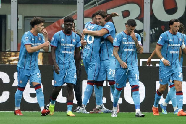 Gruppo, Group, MICHEL ADOPO, GIANLUCA GAETANO, Cagliari, Serie A, 2025-26, Milan vs Cagliari 1-2, 24-05-2026, Esultanza, Celebration, Jubel SERIE A 2025-26 MILAN-CAGLIARI 1-2