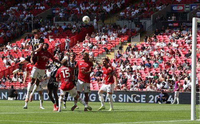 Lucas Ness of Notts County scores the second goal 2-0 Notts County v Salford City, EFL Sky Bet League Two, Play-Off Final, Football, Wembley Stadium, London, UK - 25 May 2026London Wembley Stadium United Kingdom EDITORIAL USE ONLY No use with unauthorised audio, video, data, fixture lists, club league logos or live services. Online in-match use limited to 120 images, no video emulation. No use in betting, games or single club league player publications. Copyright: xAndrewxFosker Shutterstockx 16889937bk