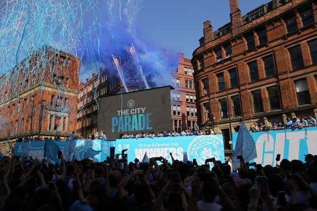 A general view of the parade Manchester City Carabao Cup and FA Cup trophy Parade, Premier League, Football, Manchester, UK - 25 May 2026Manchester United Kingdom EDITORIAL USE ONLY No use with unauthorised audio, video, data, fixture lists, club league logos or live services. Online in-match use limited to 120 images, no video emulation. No use in betting, games or single club league player publications. Copyright: xPhilxOldham Shutterstockx 16889909n