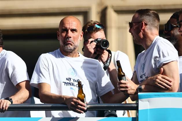 Manchester City out going manager Pep Guardiola Manchester City Carabao Cup and FA Cup trophy Parade, Premier League, Football, Manchester, UK - 25 May 2026Manchester United Kingdom EDITORIAL USE ONLY No use with unauthorised audio, video, data, fixture lists, club league logos or live services. Online in-match use limited to 120 images, no video emulation. No use in betting, games or single club league player publications. Copyright: xPhilxOldham Shutterstockx 16889909aa