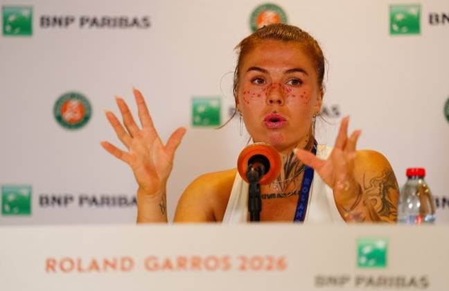 Following her first round win over Russian opponent Elena Pridankina, an emotional Oleksandra Oliynykova of Ukraine speaks to the press and announces a proportion of her prize money will be donated to the Ukranian army French Open Tennis, Day Three, Tennis, Roland Garros, Paris, France - 26 May 2026Paris Roland Garros France EDITORIAL USE ONLY No use with unauthorised audio, video, data, fixture lists, club league logos or live services. Online in-match use limited to 120 images, no video emulation. No use in betting, games or single club league player publications. Copyright: xJavierxGarcia Shutterstockx 16898258ec