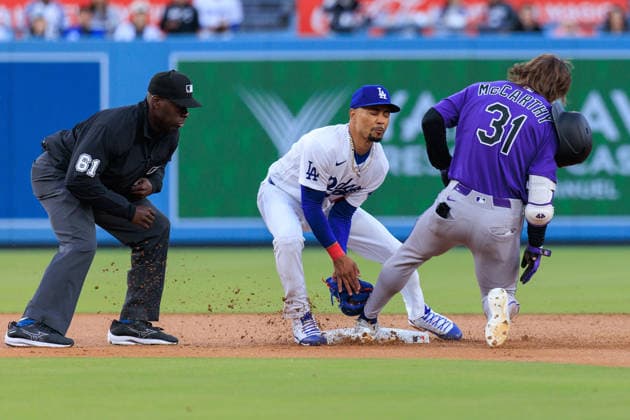 May 26, 2026, Los Angeles, California, USA: Jake McCarthy 31 of the Colorado Rockies is tagged out in second base by Mookie Betts 50 of the Los Angeles Dodgers during a regular season MLB, Baseball Herren, USA game on Tuesday May 26, 2026 at Dodger Stadium in Los Angeles, California. Dodgers defeat Rockies, 15-6. JAVIER ROJAS PI Dodgers Defeat Rockies, 15-6 - ZUMAp124 20260526_zaa_p124_040 Copyright: xJavierxRojasx