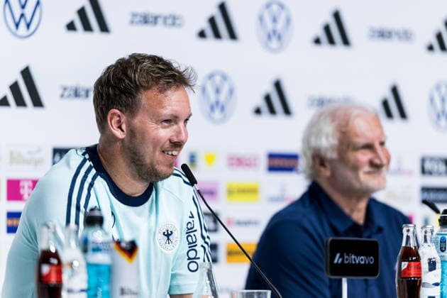 HERZOGENAURACH, GERMANY - MAY 27: Julian Nagelsmann (Head Coach Germany) and Rudi Voeller (Völler, Voller, Director A national team, Nationalteam Germany) during the press conference, PK, Pressekonferenz to start the trainings camp of Germany to prepare for the FIFA World Cup, WM, Weltmeisterschaft, Fussball 2026 on May 27, 2026 in Herzogenaurach, Germany. Bavaria Germany Copyright: xSteffiexWunderlx