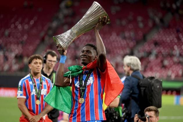 Ismaïla Sarr of Crystal Palace celebrates with the trophy after winning the UEFA Conference League Crystal Palace v Rayo Vallecano, UEFA Conference League, Final, Football, Red Bull Arena, Leipzig, Germany - 27 May 2026Leipzig Red Bull Arena Germany EDITORIAL USE ONLY No use with unauthorised audio, video, data, fixture lists, club league logos or live services. Online in-match use limited to 120 images, no video emulation. No use in betting, games or single club league player publications. Copyright: xKieranxMcManus Shutterstockx 16898266en
