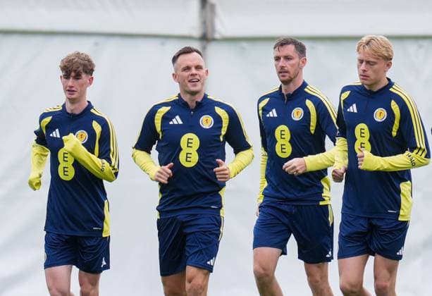 Lawrence Shankland of Scotland runs at the front of the squad, flanked by James Wilson, Dominic Hyam & Luke Graham as they run a lap of the Lesser Hampden pitch Scotland Team Training, Football, Hampden Park, Glasgow, Scotland, UK - 29 May 2026Glasgow Hampden Park United Kingdom EDITORIAL USE ONLY No use with unauthorised audio, video, data, fixture lists, club league logos or live services. Online in-match use limited to 120 images, no video emulation. No use in betting, games or single club league player publications. Copyright: xStuartxWallace Shutterstockx 16902976bg