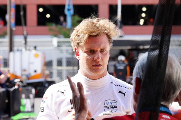 Mike Schumacher (GER) Honda 47 mit wilder Haaren nach dem Ende des 1. freien Trainings, Team Rahal Letterman Lanigan Racing, Detroit, Michigan, USA, 29.05.2026, IndyCar, Indy Car, IRL, USA Serie, Wilde Frisur