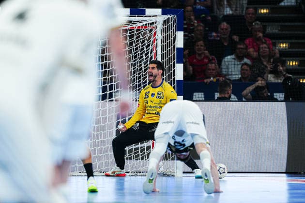 Jubel nach Parade Remi Desbonnet (Montpellier Handball, 92) GER, Montpellier Handball vs. THW Kiel, Handball, EHF European League, Halbfinale, Saison 2025 2026, 30.05.2026 GER, Montpellier Handball vs. THW Kiel, Handball, EHF European League, Halbfinale, Saison 2025 2026, 30.05.2026 Hamburg Copyright: xEibner-Pressefoto MarcelxvonxFehrnx EP_MFN