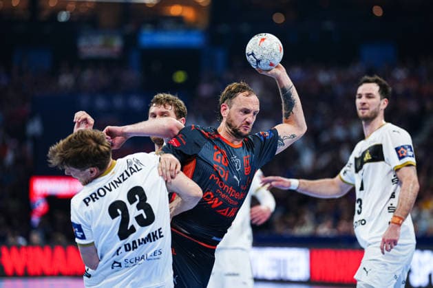 Rune Dahmke (THW Kiel, 23), Valentin Porte (Montpellier Handball, 28), Magnus Landin (THW Kiel, 07) GER, Montpellier Handball vs. THW Kiel, Handball, EHF European League, Halbfinale, Saison 2025 2026, 30.05.2026 GER, Montpellier Handball vs. THW Kiel, Handball, EHF European League, Halbfinale, Saison 2025 2026, 30.05.2026 Hamburg Copyright: xEibner-Pressefoto MarcelxvonxFehrnx EP_MFN
