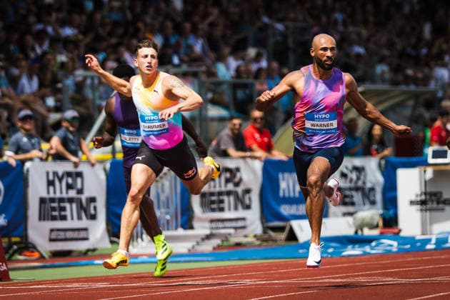 51. Hypomeeting, Goetzis (AT), 30.05.2026 GOETZIS, SWITZERLAND - MAY 30: Simon EHAMMER of Switzerland, left, and Damian WARNER of Canada, right, finish in the 100 m of the mens decathlon at the 51. Hypomeeting, Goetzis (AT) on May 30, 2026 in Goetzis, Switzerland. Copyright: xBEAUTIFULxSPORTS UlfxSchillerx