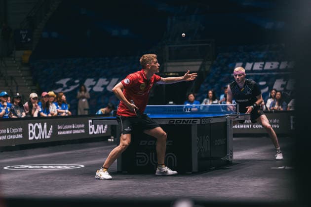 30.05.2026 Tischtennis, Herren, TTBL, Bundesliga, Playoff, Final Four, 1. FC Saarbrücken, Borussia Düsseldorf, TTC Schwalbe Bergneustadt, SV Werder Bremen, Halbfinale Anton Källberg (Düsseldorf) Frankfurt am Main, Süwag Energi Hessen Deutschland