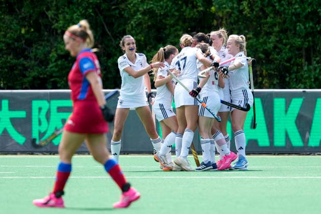 Spielerinnen vom Düsseldorfer HC (DHC), jubeln über das Tor zum 0:1, Jubel, Torjubel, Torerfolg, celebrate the goal, goal, celebration, jubelt ueber das Tor, Freuen, Freude, freut sich, optimistisch, positiv, Spielszene, Highlight, Action, Aktion, 30.05.2026, Bonn (Deutschland), Hockey, Deutsche Meisterschaft, Halbfinale, Damen, Großflottbeker THGC - Düsseldorfer HC