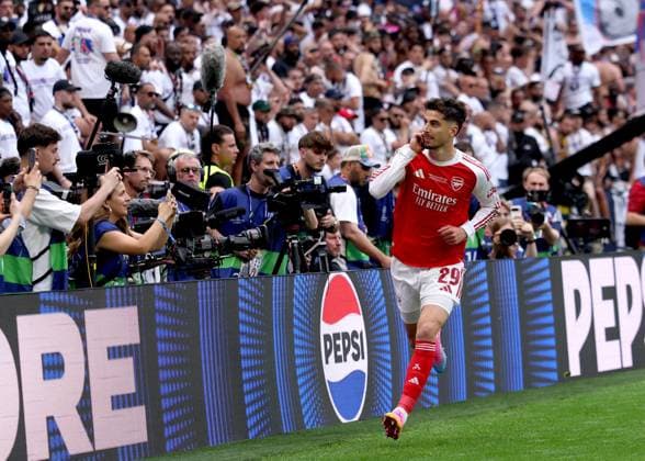 Kai Havertz of Arsenal celebrates scoring their side s first goal of the game Paris Saint-Germain v Arsenal, UEFA Champions League, Final, Football, Puskas Arena, Budapest, Hungary - 30 May 2026Budapest Puskas Arena Hungary EDITORIAL USE ONLY No use with unauthorised audio, video, data, fixture lists, club league logos or live services. Online in-match use limited to 120 images, no video emulation. No use in betting, games or single club league player publications. Copyright: xAhmadxMora Shutterstockx 16902827x