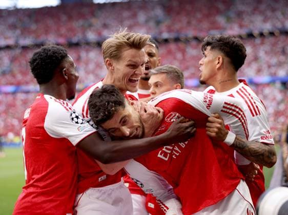 Kai Havertz of Arsenal celebrates with teammates after scoring their side s first goal of the game Paris Saint-Germain v Arsenal, UEFA Champions League, Final, Football, Puskas Arena, Budapest, Hungary - 30 May 2026Budapest Puskas Arena Hungary EDITORIAL USE ONLY No use with unauthorised audio, video, data, fixture lists, club league logos or live services. Online in-match use limited to 120 images, no video emulation. No use in betting, games or single club league player publications. Copyright: xAhmadxMora Shutterstockx 16902827ac