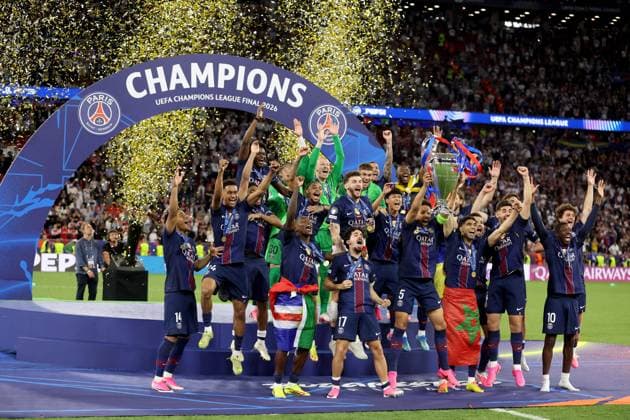 Paris Saint-Germain celebrate with the trophy winning the UEFA Champions League Paris Saint-Germain v Arsenal, UEFA Champions League, Final, Football, Puskas Arena, Budapest, Hungary - 30 May 2026Budapest Puskas Arena Hungary EDITORIAL USE ONLY No use with unauthorised audio, video, data, fixture lists, club league logos or live services. Online in-match use limited to 120 images, no video emulation. No use in betting, games or single club league player publications. Copyright: xKieranxMcManus Shutterstockx 16898280dm