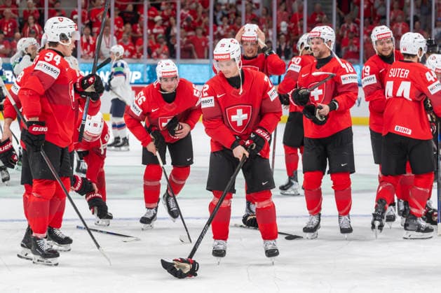 V.l.n.r. Attilio Biasca, Tim Berni, Dominik Egli, Sven Jung, Calvin Thürkauf, Pius Suter, SUI, Schweiz - Norwegen, Halbfinal, Eishockey WM, Zürich 30.05.2026
