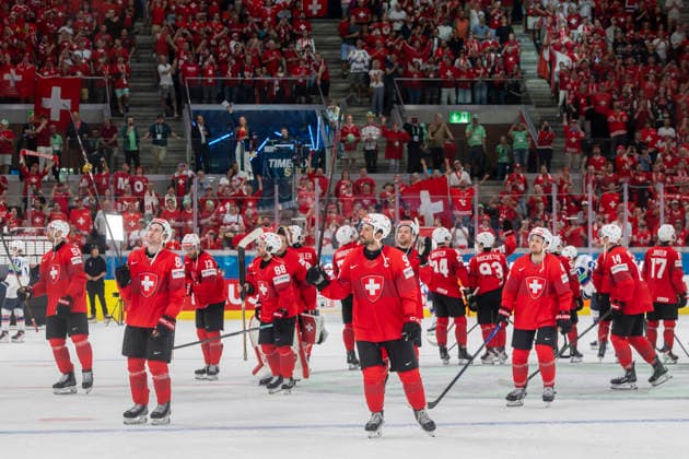 V.l.n.r. Christian Marti, Janis Moser, Nico Hischier, Christoph Bertschy, Roman Josi, Pius Suter, Dean Kukan, SUI, Schweiz - Norwegen, Halbfinal, Eishockey WM, Zürich 30.05.2026