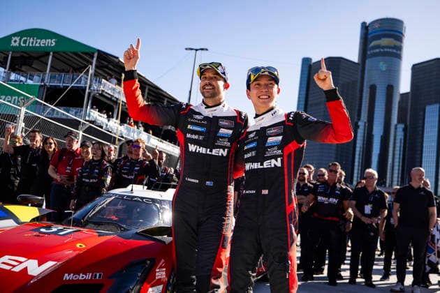 AUTO - IMSA - DETROIT SPORTS CAR CLASSIC 2026 31 AITKEN Jack (gbr), BAMBER Earl (nzl), Cadillac Whelen, Cadillac V-Series.R, celebrating their win during the Chevrolet Detroit Sports Car Classic, 5th round of the 2026 2026 IMSA SportsCar Championship, on the Streets of Detroit, from May 29 to 31, 2026 in Detroit, Michigan, United States of America - DetroitUnited States Copyright: xJULIENxDELFOSSEx