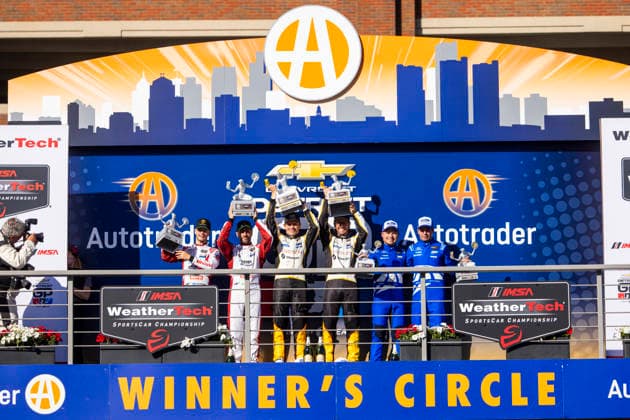 AUTO - IMSA - DETROIT SPORTS CAR CLASSIC 2026 Podium, 09 CALDARELLI Andrea (ita), MITCHELL Sandy (gbr), Pfaff Motorsports, Lamborghini Temerario GT3, 03 GARCIA Antonio (esp), SIMS Alexander (gbr), Corvette Racing by Pratt Miller Motorsports, Corvette Z06 GT3.R, 65 MIES Christopher (deu), VERVISCH Frederic (bel), Ford Racing, Ford Mustang GT3, portrait during the Chevrolet Detroit Sports Car Classic, 5th round of the 2026 2026 IMSA SportsCar Championship, on the Streets of Detroit, from May 29 to 31, 2026 in Detroit, Michigan, United States of America - DetroitUnited States Copyright: xJULIENxDELFOSSEx