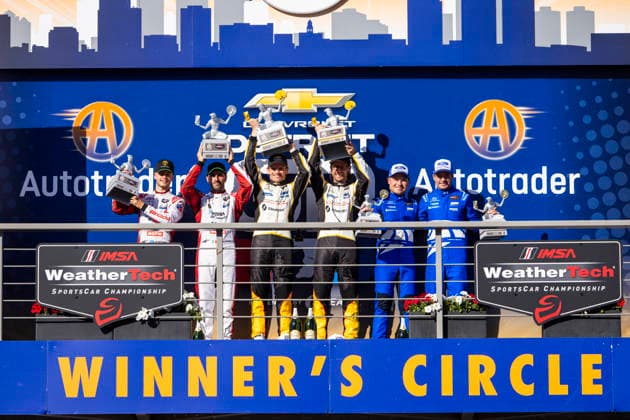 AUTO - IMSA - DETROIT SPORTS CAR CLASSIC 2026 Podium, 09 CALDARELLI Andrea (ita), MITCHELL Sandy (gbr), Pfaff Motorsports, Lamborghini Temerario GT3, 03 GARCIA Antonio (esp), SIMS Alexander (gbr), Corvette Racing by Pratt Miller Motorsports, Corvette Z06 GT3.R, 65 MIES Christopher (deu), VERVISCH Frederic (bel), Ford Racing, Ford Mustang GT3, portrait during the Chevrolet Detroit Sports Car Classic, 5th round of the 2026 2026 IMSA SportsCar Championship, on the Streets of Detroit, from May 29 to 31, 2026 in Detroit, Michigan, United States of America - DetroitUnited States Copyright: xJULIENxDELFOSSEx