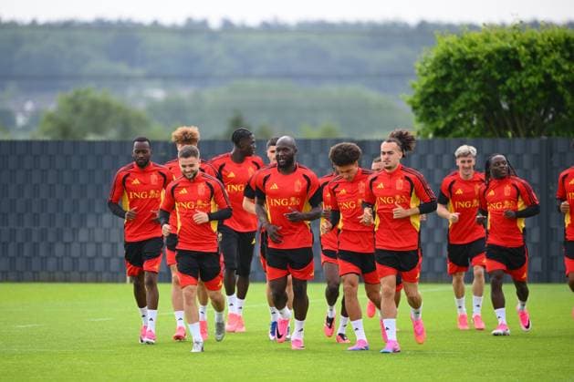 Belgian national football team - FIFA World Cup, WM, Weltmeisterschaft, Fussball 2026 - media activities 31 05 2026 TUBIZE, BELGIUM - MAY 31 : Raskin Nicolas midfielder of Belgium, Lukaku Romelu forward of Belgium, Witsel Axel midfielder of Belgium, Theate Arthur defender of Belgium pictured during a training session at the training grounds of the Royal Belgian Football Association ahead of the FIFA World Cup 2026 on May 31, 2026 in Tubize, Belgium, 31 05 2026 Tubize Belgium Copyright: xVincentxKalutx