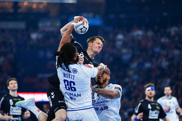 Bryan Hugo Monte dos Santos (Montpellier Handball, 26), Emil Manfeldt Jakobsen (SG Flensburg-Handewitt, 31), Agustin Cascado Marcelo (Montpellier Handball, 18) GER, Montpellier Handball vs. SG Flensburg-Handewitt, Handball, EHF European League, Spiel um Platz 3, Saison 2025 2026, 31.05.2026 GER, Montpellier Handball vs. SG Flensburg-Handewitt, Handball, EHF European League, Spiel um Platz 3, Saison 2025 2026, 31.05.2026 Hamburg Copyright: xEibner-Pressefoto MarcelxvonxFehrnx EP_MFN