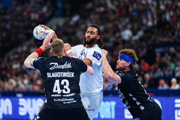 Blaz Blagotinsek (SG Flensburg-Handewitt, 43), Bryan Hugo Monte dos Santos (Montpellier Handball, 26), Johannes Golla (SG Flensburg-Handewitt, 04) GER, Montpellier Handball vs. SG Flensburg-Handewitt, Handball, EHF European League, Spiel um Platz 3, Saison 2025 2026, 31.05.2026 GER, Montpellier Handball vs. SG Flensburg-Handewitt, Handball, EHF European League, Spiel um Platz 3, Saison 2025 2026, 31.05.2026 Hamburg Copyright: xEibner-Pressefoto MarcelxvonxFehrnx EP_MFN