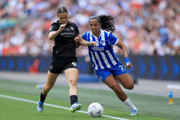 Madison Haley of Brighton & Hove Albion in action against Caitlin Hayes of Brighton & Hove Albion Brighton and Hove Albion Women v Manchester City Women, Adobe Women s FA Cup Final, Football, Wembley Stadium, London, UK - 31 May 2026London Wembley Stadium United Kingdom EDITORIAL USE ONLY No use with unauthorised audio, video, data, fixture lists, club league logos or live services. Online in-match use limited to 120 images, no video emulation. No use in betting, games or single club league player publications. Copyright: xGeorgexTewkesbury Shutterstockx 16898308bg