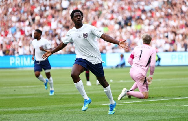 Damson Idris of England celebrates scoring a goal after making the score 1-0. England XI v World XI, Soccer Aid for Unicef 2026, Football, London Stadium, London, UK - 31 May 2026London London Stadium United Kingdom EDITORIAL USE ONLY No use with unauthorised audio, video, data, fixture lists, club league logos or live services. Online in-match use limited to 120 images, no video emulation. No use in betting, games or single club league player publications. Copyright: xJamesxMarsh Shutterstockx 16898311ba