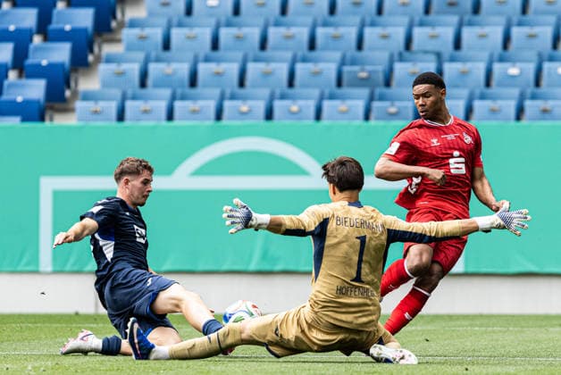 U19-DFB-Nachwuchsliga A, 2025 2026, Finale: TSG Hoffenheim U19 - 1. FC Köln U19; 31.05.2026 Maik Nelson Afri Akumu (1. FC Köln U19, 30), Nico Biedermann (TSG 1899 Hoffenheim U19, 1), Tom Fiederer (TSG 1899 Hoffenheim U19, 26) U19-DFB-Nachwuchsliga A, 2025 2026, Finale: TSG Hoffenheim U19 - 1. FC Köln U19; PreZero Arena, Sinsheim; 31.05.2026 DFB regulations prohibit any use of photographs as image sequences and or quasi video. Copyright: xBEAUTIFULxSPORTS Buriakovx