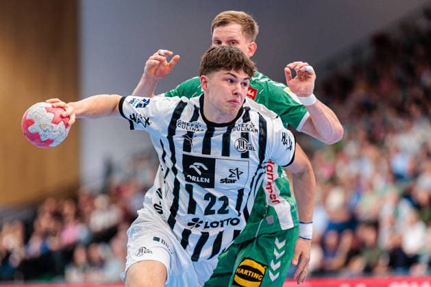 Handball, HBL, TSV GWD Minden - THW Kiel #2 (L-R) Rasmus Ankermann (THW Kiel, 22) im Zweikampf mit Karolis Antanavicius (GWD Minden, 08) GER, GWD Minden vs. THW Kiel, Handball, 1. Bundesliga, 33. Spieltag, Spielzeit 2025 2026, 03.06.2026 GER, GWD Minden vs. THW Kiel, Handball, 1. Bundesliga, 33. Spieltag, Spielzeit 2025 2026, 03.06.2026 Minden Copyright: xEibner-Pressefoto JanxRollingerx EP_JSK