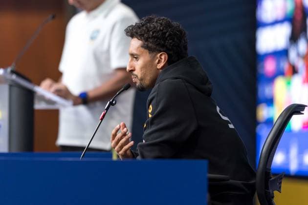 Fußball, FIFA WM 2026, Nationalteam Brasilien, Pressekonferenz Brazilian national team, Nationalteam press conference, PK, Pressekonferenz Marquinhos, a player for the Brazilian national team, speaks with journalists during a press conference at The Ridge hotel in Basking Ridge, New Jersey, United States, this Wednesday, June 3, 2026. Basking Ridge NJ UNITED STATES Copyright: xWilliamxVolcovx