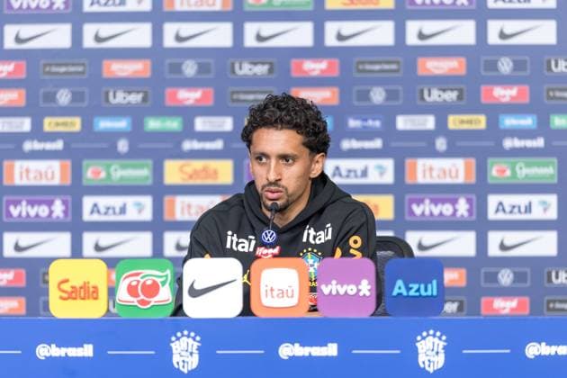 Fußball, FIFA WM 2026, Nationalteam Brasilien, Pressekonferenz Brazilian national team, Nationalteam press conference, PK, Pressekonferenz Marquinhos, a player for the Brazilian national team, speaks with journalists during a press conference at The Ridge hotel in Basking Ridge, New Jersey, United States, this Wednesday, June 3, 2026. Basking Ridge NJ UNITED STATES Copyright: xWilliamxVolcovx