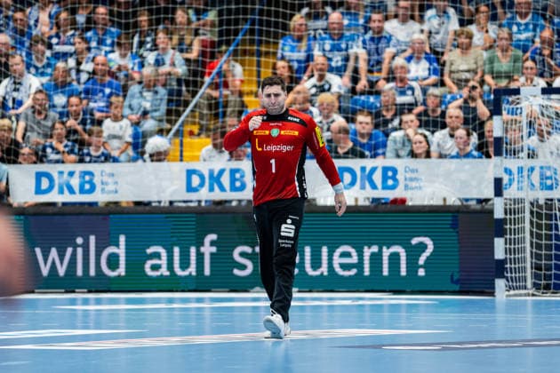 Handball, HBL, TBV Lemgo - SC DHfK Leipzig #2 TBV Lemgo Lippe (GER) vs. SC DHfK Leipzig (GER), Handball, Daikin Handball Bundesliga, 33. Spieltag, 3.6.2026, Saision 2025 2026, Lemgo Domenico Ebner (SC DHfK Leipzig, 01) motiviert sich, schlaegt sich auf die Brust Lemgo Phoenix Contact Arena Deutschland