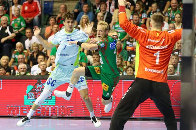 Handball, HBL, SC Magdeburg - VfL Gummersbach #2 03.06.2026, xgox, Handball - Daikin HBL SC Magdeburg - VfL Gummersbach emspor, v.l. Julian Koester (Köster, Gummersbach, 7), Matthias Musche (Magdeburg, 6) Zweikampf, Duell, Kampf, tackle Magdeburg