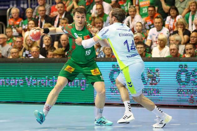 Handball, HBL, SC Magdeburg - VfL Gummersbach #2 03.06.2026, xgox, Handball - Daikin HBL SC Magdeburg - VfL Gummersbach emspor, v.l. Elvar Oern Jonsson (Magdeburg, 19), Teitur Orn Einarsson (Gummersbach, 14) Zweikampf, Duell, Kampf, tackle Magdeburg