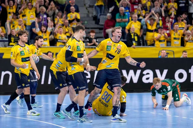 Spieler der Rhein-Neckar-Löwen, Jubel nach dem Schlusspfiff, Freude über den Sieg, Sieger, Gewinner, jubelt, jubeln, fröhlich, positiv, freut sich, freuen, optimistisch, Highlight, Action, Aktion, 03.06.2026, Mannheim (Deutschland), Handball, Bundesliga, Rhein-Neckar Löwen - TSV Hannover-Burgdorf
