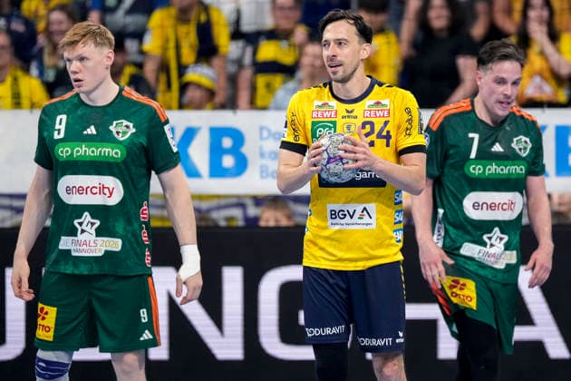 v.li.: Vilhelm Poulsen (Die Recken, 9), Patrick Groetzki (RNL, 24), Leif Tissier (Die Recken, 7), Aktion, Action, Spielszene, 03.06.2026, Mannheim (Deutschland), Handball, Bundesliga, Rhein-Neckar Löwen - TSV Hannover-Burgdorf
