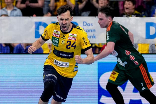 Patrick Groetzki (RNL, 24), Spieler der Rhein-Neckar-Löwen, jubelt über ein Tor, Jubel, jubeln, Torjubel, Torerfolg, celebrate the goal, goal, celebration, jubelt ueber das Tor, Freuen, Freude, freut sich, optimistisch, positiv, Spielszene, Highlight, Einzelbild, Einzelfoto, Aktion, Action, 03.06.2026, Mannheim (Deutschland), Handball, Bundesliga, Rhein-Neckar Löwen - TSV Hannover-Burgdorf