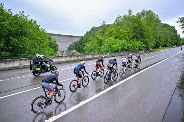 Tour de Wallonie 2026 Stage 4 EUPEN, BELGIUM - JUNE 04 : Florez Samuel (COL) of Modern Adventure Pro Cycling,Ronhaar Pim (NED) of Baloise Verzekeringen - Het Poetsbureau Lions, Belohvosciks Kristians (LAT) of BIKE AID, Lennemann Anton (GER) of BIKE AID, Demarcin Theo (BEL) of Color Code - Alu Center, Wood George (GBR) of Mg.K Vis Costruzioni e Ambiente, Killy Jonah (USA) of Tarteletto - Isorex, Appelbaum Henri Johannes (GER) of Team Storck - MRW Bau in the escape pack during stage 4 of the 47th edition of Ethias Tour de Wallonie an UCI ProSeries 2.Pro cycling road race stage for Men Elite of 166.7 km with start in Dison and finish in Eupen on June 4, 2026 in Eupen, Belgium, 04 06 2026 ( Motordriver Pieter Van Herzele - Eupen Belgium Copyright: xSesx