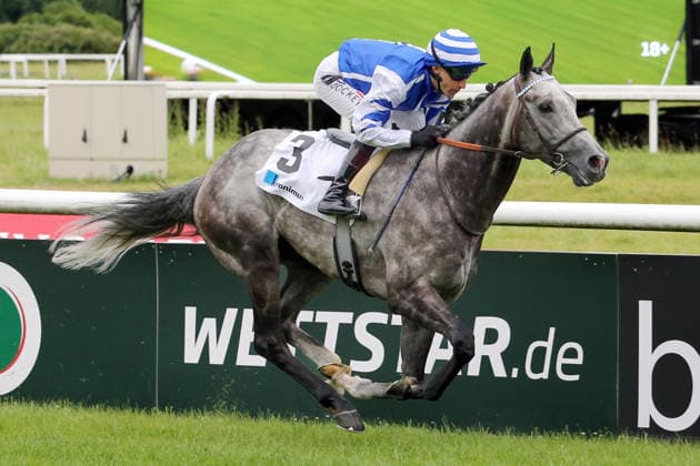 04.06.2026, Iffezheim, Baden-Wuerttemberg, GER - Sir Tommy Cen mit Aurelien Lemaitre gewinnt die Kronimus 48. Badener Meile. Galopprennbahn Baden-Baden, Iffezheim. (Pferd, Jockey, Sir Tommy Cen, Lemaitre, Sieg, Ziel, Zielankunft) 260604B986IFFEZHEIM.JPG
