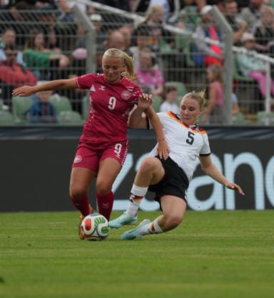 Mai Wendicke (Denmark U23F, 09) and Jella Veit (Germany U23F, 05) duel 04.06.2026, Germany Women U23 vs Denmark Women U23, Deutschland Frauen U23 gegen Dänemark Frauen U23, Fussball, International Friendly, Länderspiel, Nationalmannschaft GER, Leipzig, Alfred-Kunze-Sportpark DFL regulations prohibit any use of photographs as image sequences and or quasi-video. Leipzig Alfred-Kunze-Sportpark Sachsen GER Copyright: xBillmanxDubex