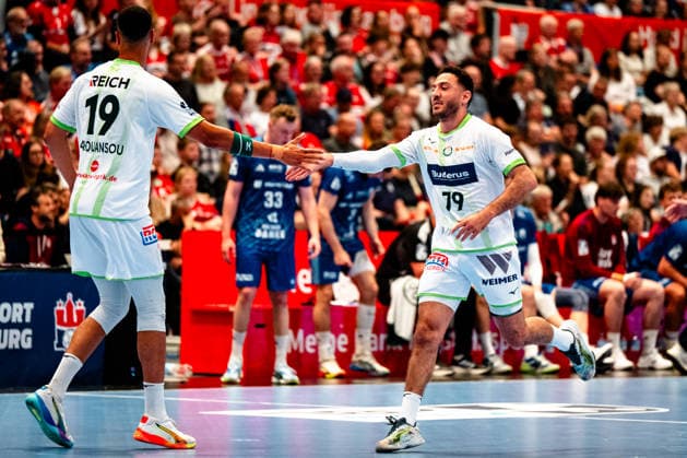 04.06.2026, xdobgx, Handball Daikin HBL, Handball Verein Hamburg - HSG Wetzlar v.l. Philipp Ahouansou (HSG Wetzlar, 19), Ahmed Nafea (HSG Wetzlar, 79) Jubel, Torjubel, jubelt ueber das Tor, celebrate the goal, celebration Hamburg
