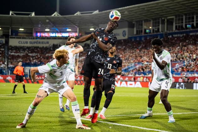 June 5, 2026, Montreal, Pq, Canada: Canada s Promise David (24) takes a header against the Republic of Ireland during second half International Friendly, Länderspiel, Nationalmannschaft soccer action in Montreal, on Friday, June 5, 2026. Canada News - June 5, 2026 - ZUMAc35_ 20260605_zaf_c35_125 Copyright: xChristopherxKatsarovx