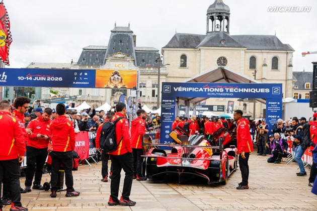 24 HEURES DU MANS 2026 - PESAGE 51 PIER GUIDI Alessandro (ita), CALADO James (gbr), GIOVINAZZI Antonio (ita), Ferrari AF Corse, Ferrari 499P 51, Hypercar, ambiance, during Le Pesage of the 24 Hours of Le Mans 2026, 3rd round of the 2026 FIA World Endurance Championship, from June 5 to 6, 2026 on the Place de la RÃ publique in Le Mans, France - Le MansFrance Copyright: xFREDERICxLExFLOCxHx