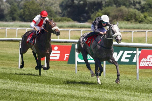 06.06.2026, Iffezheim, Baden-Wuerttemberg, GER - Schneewittchen mit Leon Wolff gewinnt. Galopprennbahn Baden-Baden, Iffezheim. (Pferd, Jockey, Schneewittchen, Wolff, Sieg, Ziel, Zielankunft) 260606B981IFFEZHEIM.JPG