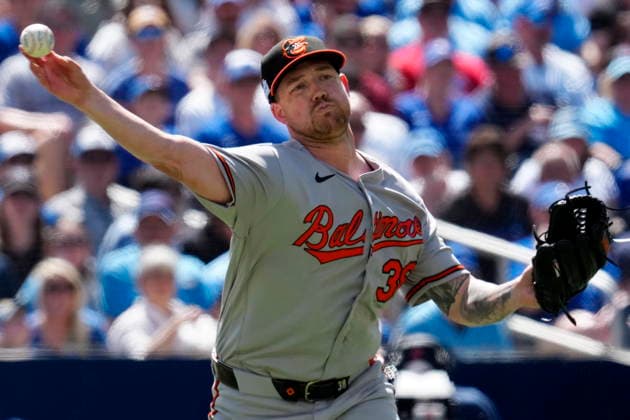 June 6, 2026, Toronto, On, CANADA: Baltimore Orioles pitcher Kyle Bradish (38) throws out Toronto Blue Jays Vladimir Guerrero Jr., not shown, to end first inning MLB, Baseball Herren, USA baseball action in Toronto, Saturday, June 6, 2026. Canada News - June 6, 2026 - ZUMAc35_ 20260606_zaf_c35_005 Copyright: xFrankxGunnx