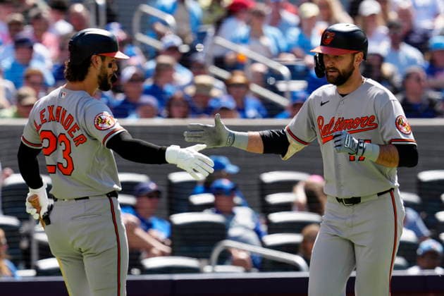 June 6, 2026, Toronto, On, CANADA: Baltimore Orioles right fielder Colton Cowser (17) celebrates his solo home run with teammate Blaze Alexander (23) during second inning MLB, Baseball Herren, USA baseball action against the Toronto Blue Jays, in Toronto, Saturday, June 6, 2026. Canada News - June 6, 2026 - ZUMAc35_ 20260606_zaf_c35_007 Copyright: xFrankxGunnx