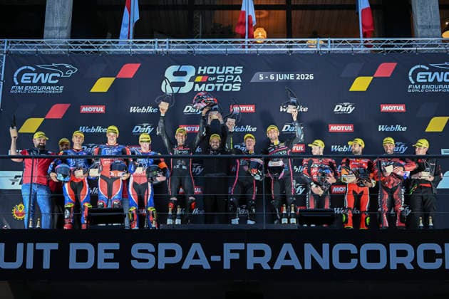 MOTO : 8Heures de Spa-Francorchamps - championnat FIM EWC 2026 - 06 06 2026 winner of the SUPERSTOCK (SST) category at the 8H SPA Motos 2026, the second round of the 2026 FIM EWC Championship, at the Spa-Francorchamps circuit in Francorchamps, Belgium, from June 5 to 6, 2026, Revo M2 (ITA) Aprilia Rsv4 1100 Factory (SST) driven by KÃ vin Calia (ITA), Simone Saltarelli (ITA), Flavio Ferroni (ITA) STT category podium : First : 49 KÃ vin Calia (ITA), Simone Saltarelli (ITA), Flavio Ferroni (ITA) Second : 77 Oscar Guttierrez Iglesias (ESP), Jordi Torres Fernandez (ESP), Milan Pawelec (POL) Third : 18 Baptiste Guittet (FRA), Maxim Pellizotti (FRA), Marc Alcoba (ESP) FRANCORCHAMPSBelgium Copyright: xMPSxAGENCYx