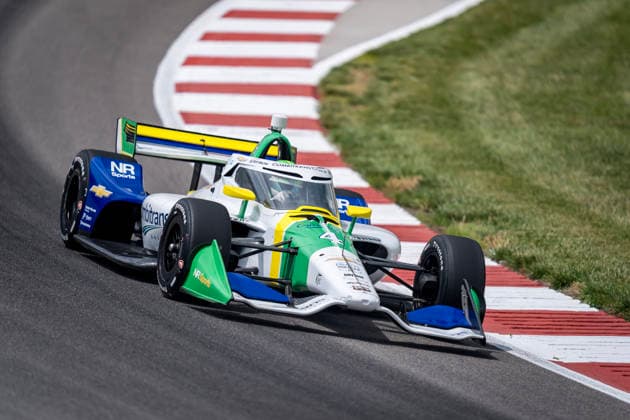 June 6, 2026, Madison, Illinois, USA: IndyCar, Indy Car, IRL, USA SERIES driver, CAIO COLLET (R) (4) (BRA) of Sao Paulo, Brazil, travels through the turns during a practice session for the Bommarito Automotive Group 500 at World Wide Technology Raceway in MADISON Illinois. INDYCAR SERIES: June 06, 2026: Bommarito Automotive Group 500: Caio Collet - ZUMAa161 20260606_aaa_a161_008 Copyright: xWalterxArce GMGx